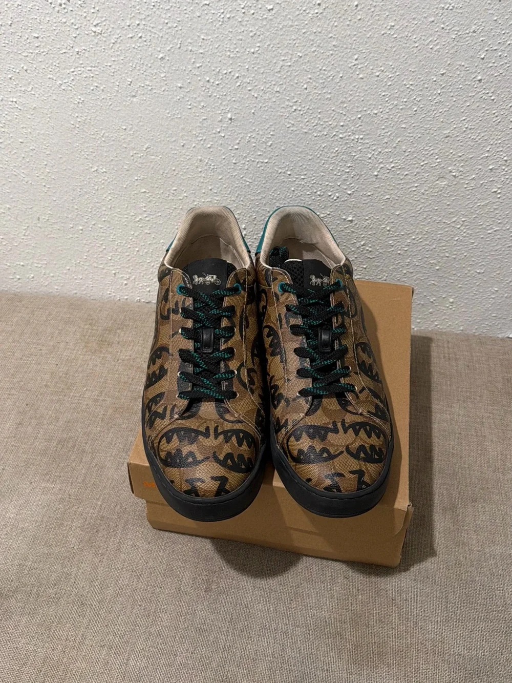 Coach Brown Logo-Print Low Top Sneakers with Teal Accents